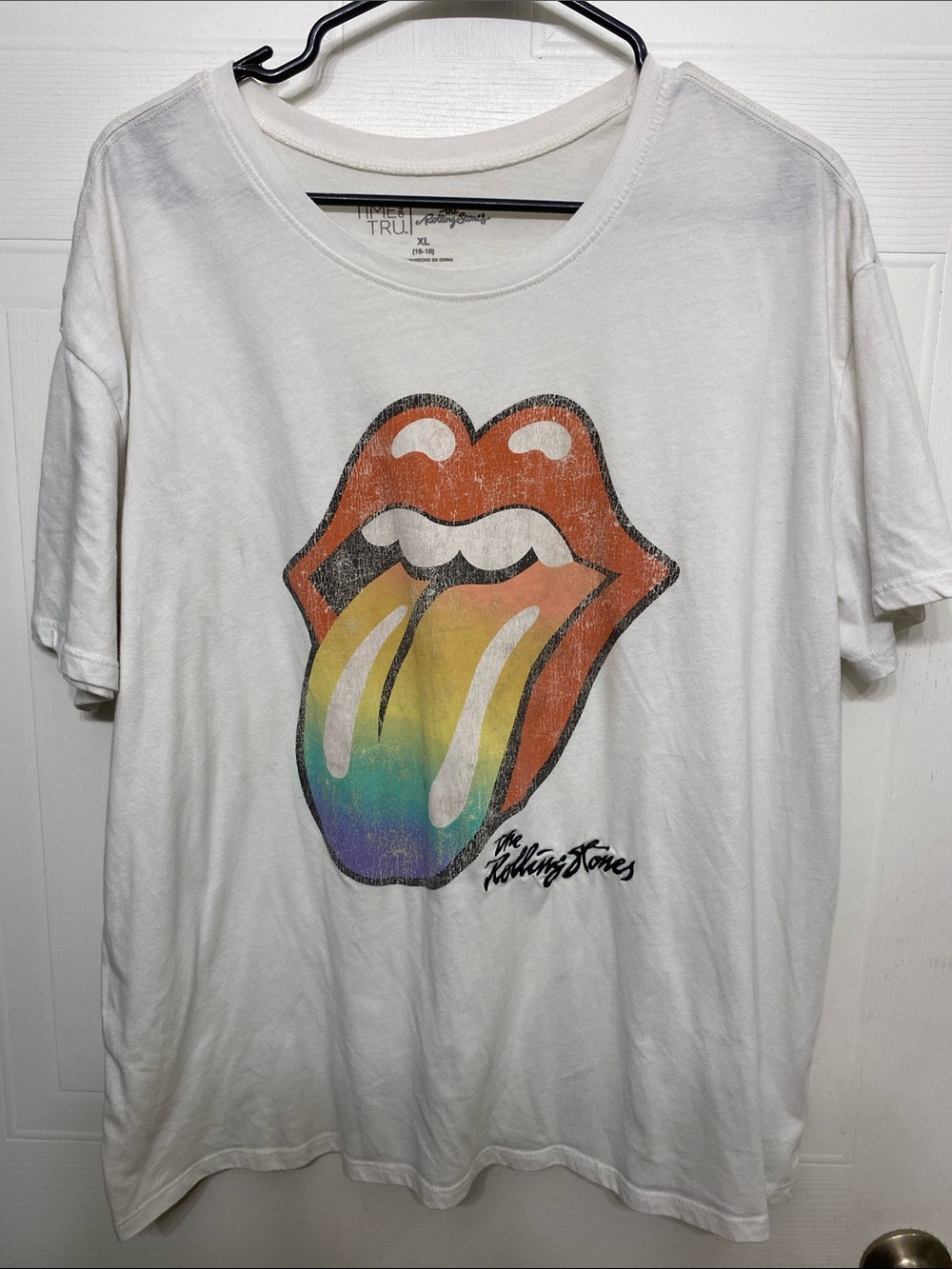 the Rolling Stones White Tee with Red Lips and Rainbow Tongue Graphic